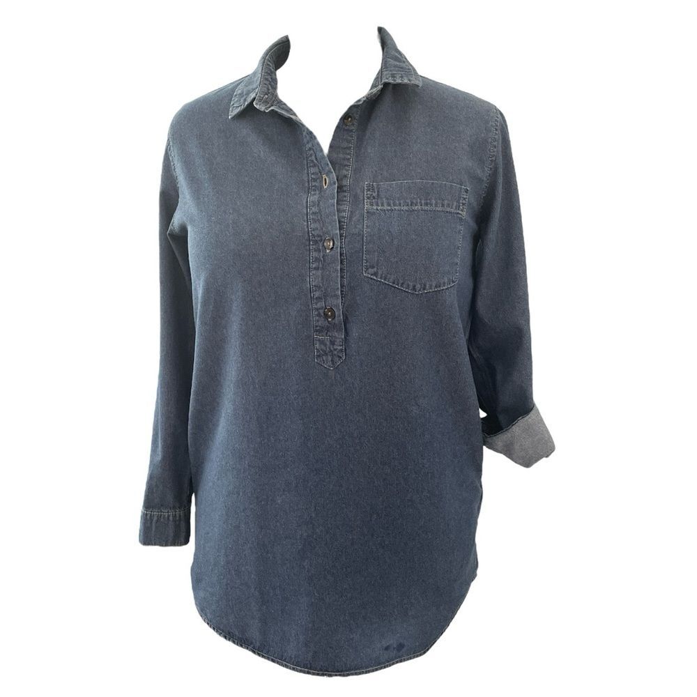 Timing Blue Jeans denim tunic 100% cotton, long sleeve roll- up, pockets, Sz: S